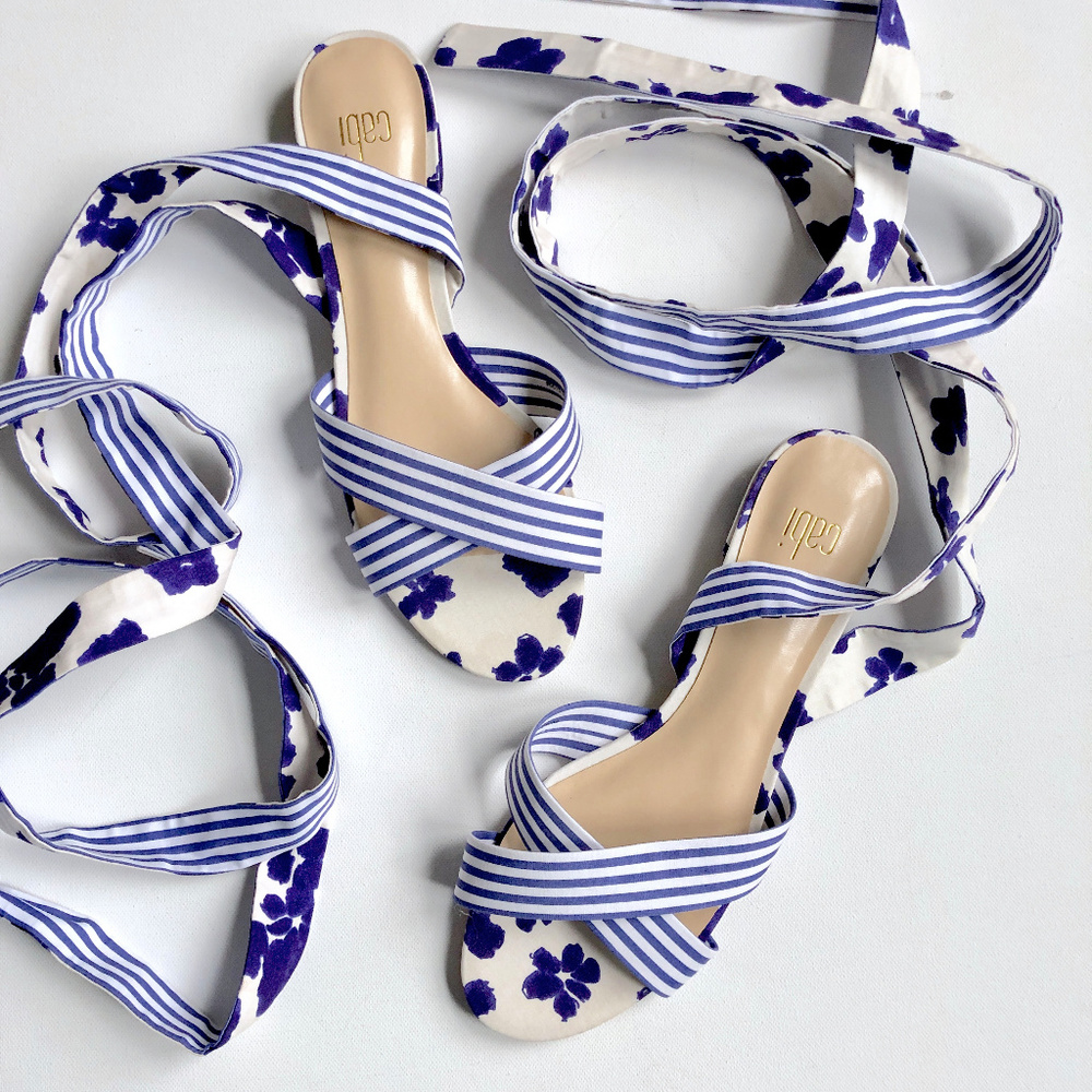 CAbi Blue and White Floral & Striped Wrap Sandals